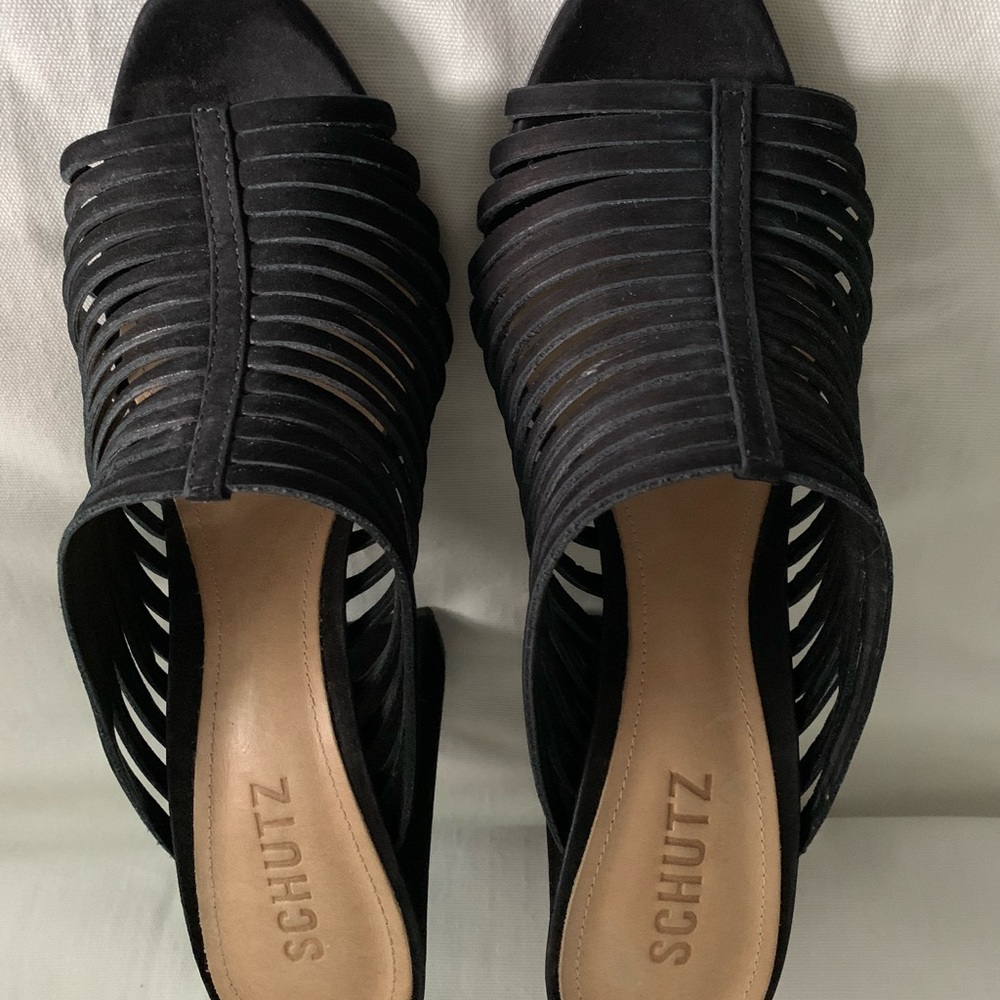 Schutz Black Suede Strappy Slides Sz 10 - image 2